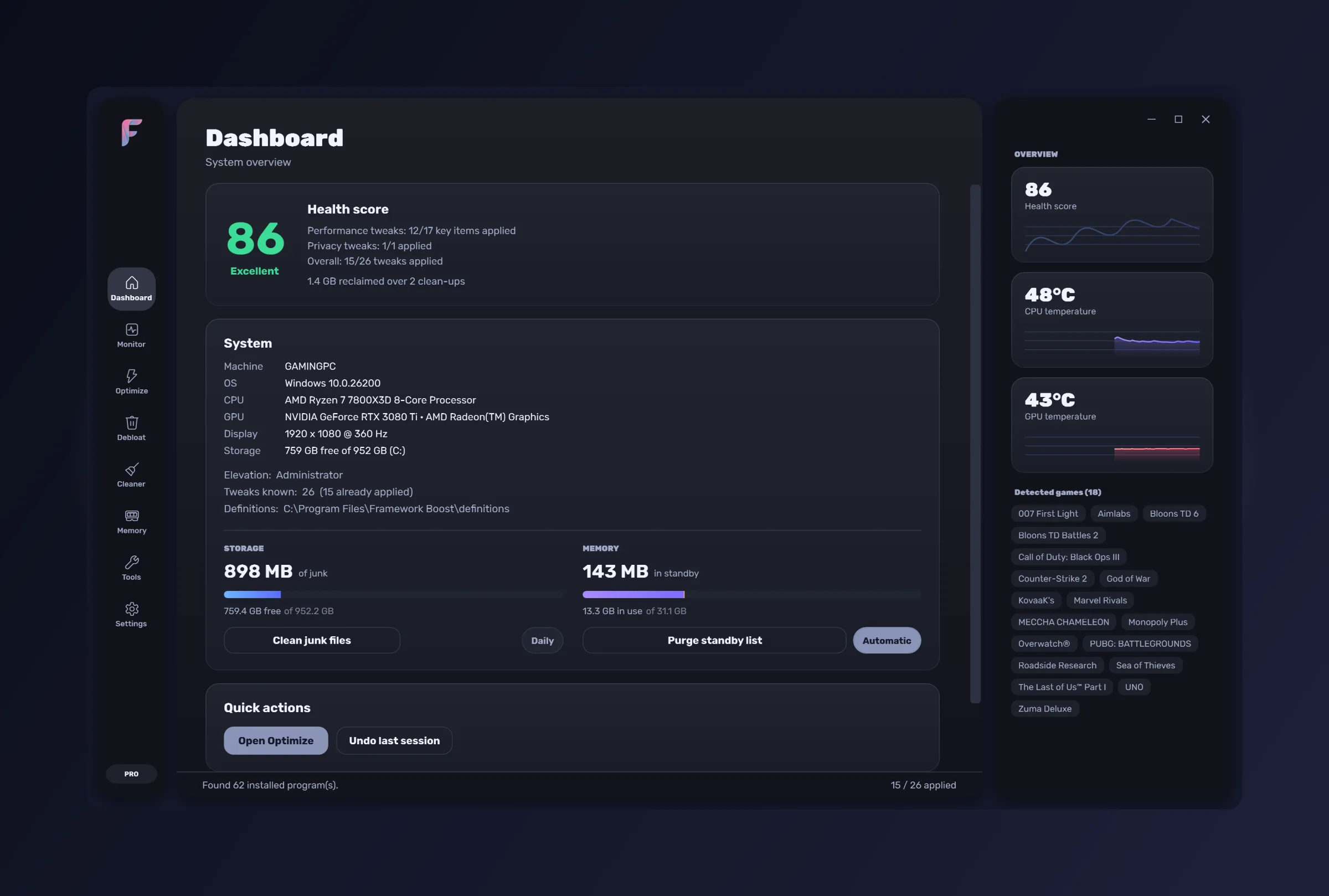 FrameWork Boost — the Dashboard: health score, system summary, detected games, storage and memory