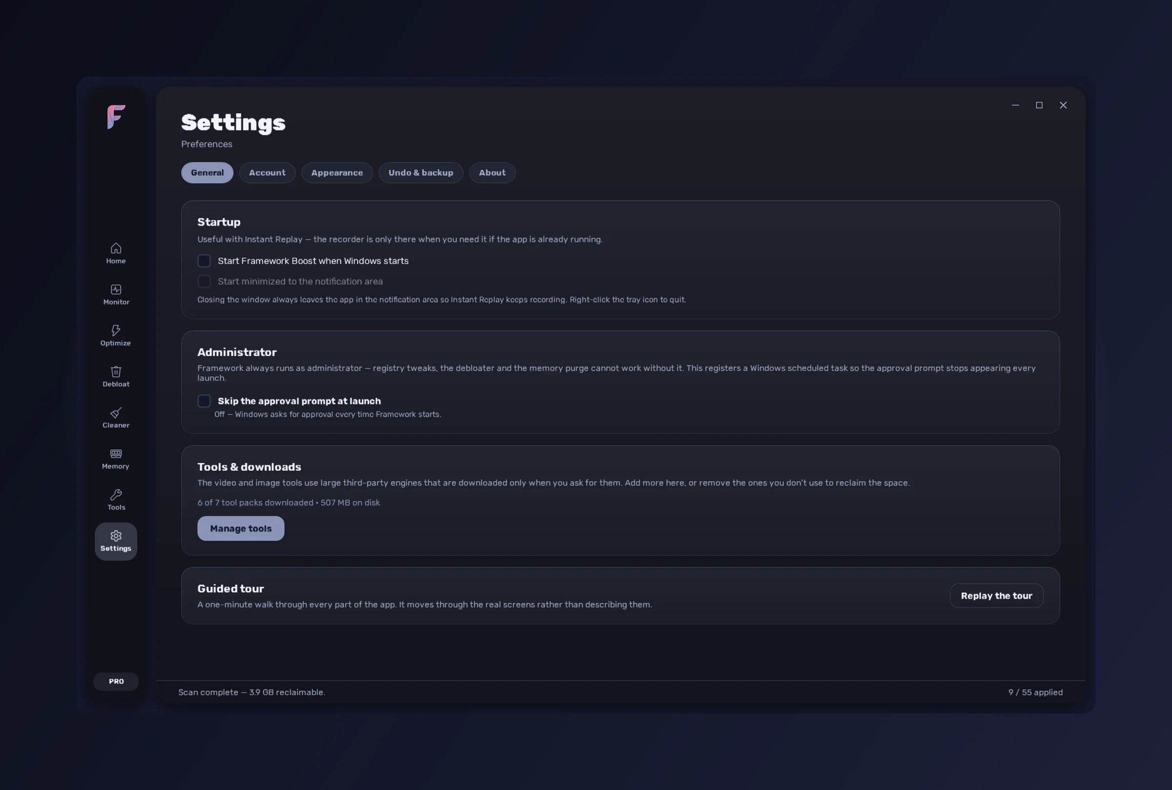 FrameWork Boost — the Settings section